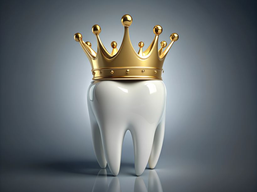 An AI image of a tooth wearing a gold crown